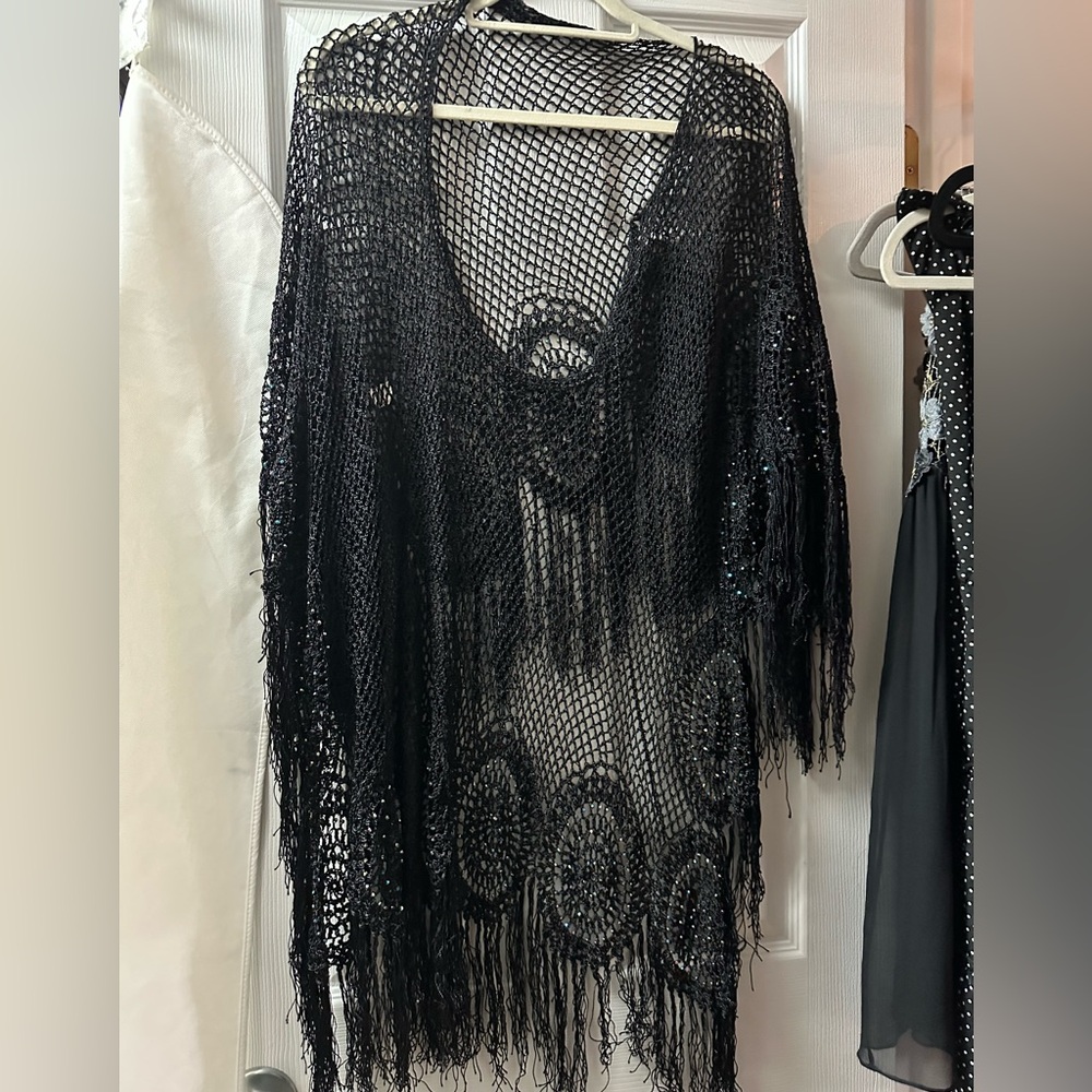 Black Fringe Crochet Cover-Up swimsuit dress os rhinestone